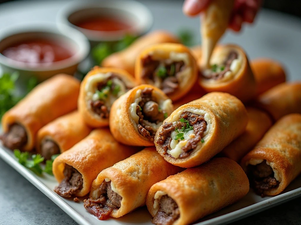 Golden baked Philly cheesesteak egg rolls arranged on a platter