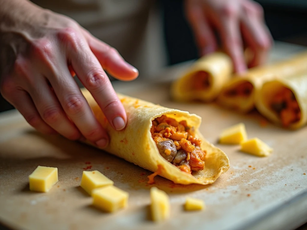 Filling and rolling Philly cheesesteak egg rolls
