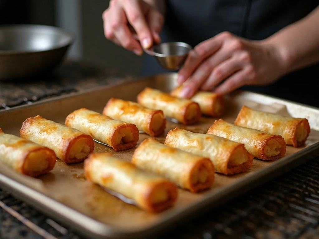 Egg rolls prepared for crisp baking on a wire rack