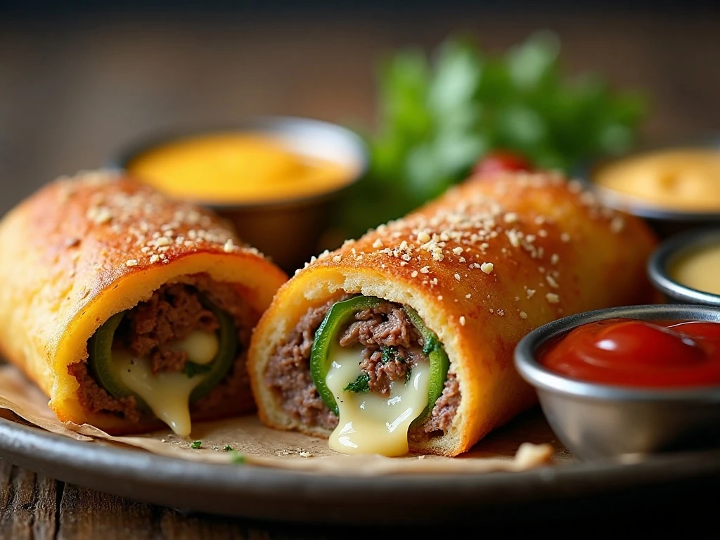 Cut cheesesteak egg roll with dipping sauces
