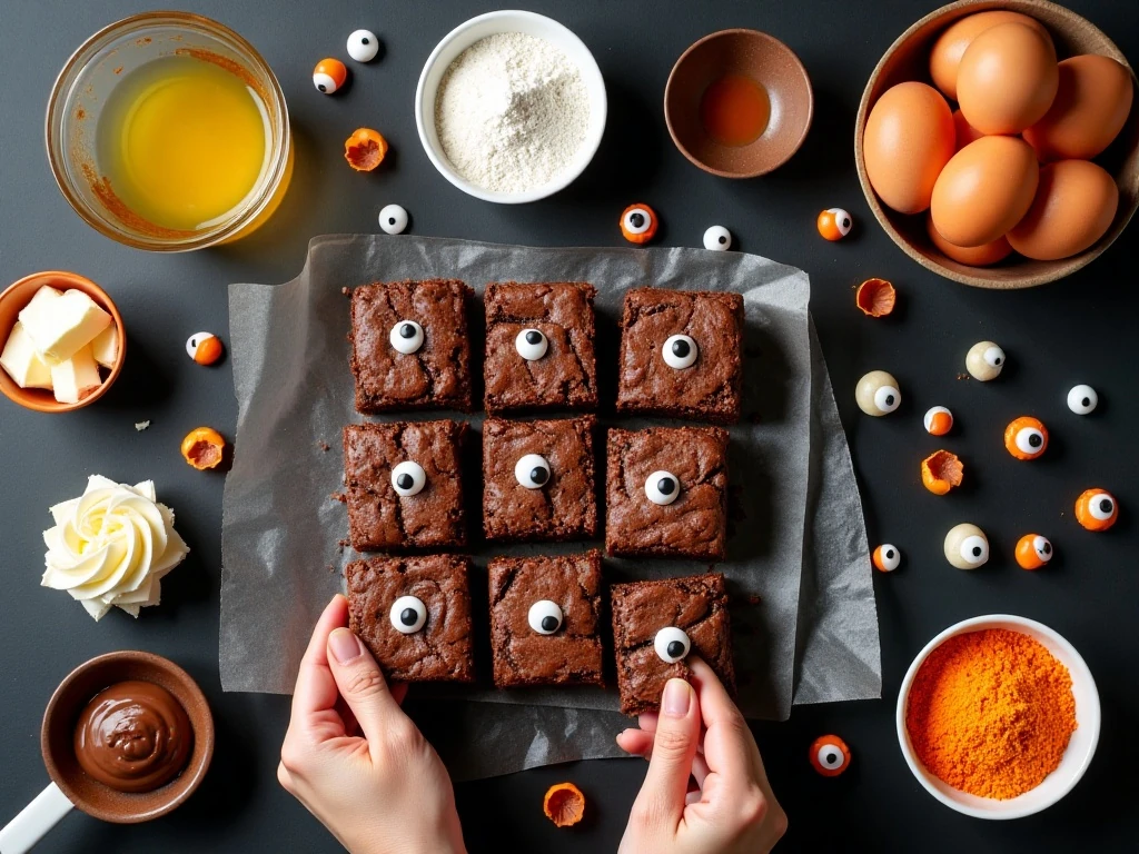 Ingredients for homemade Halloween brownies arranged in a flat lay
