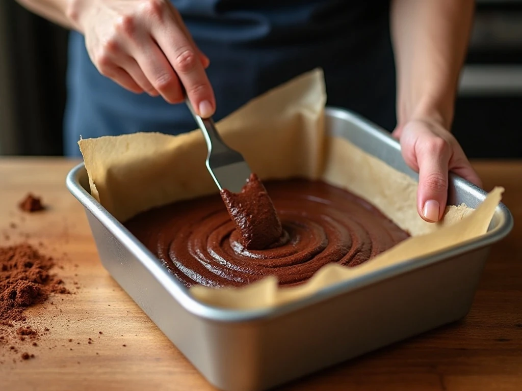 Brownie batter being spread in a parchment-lined square baking pan