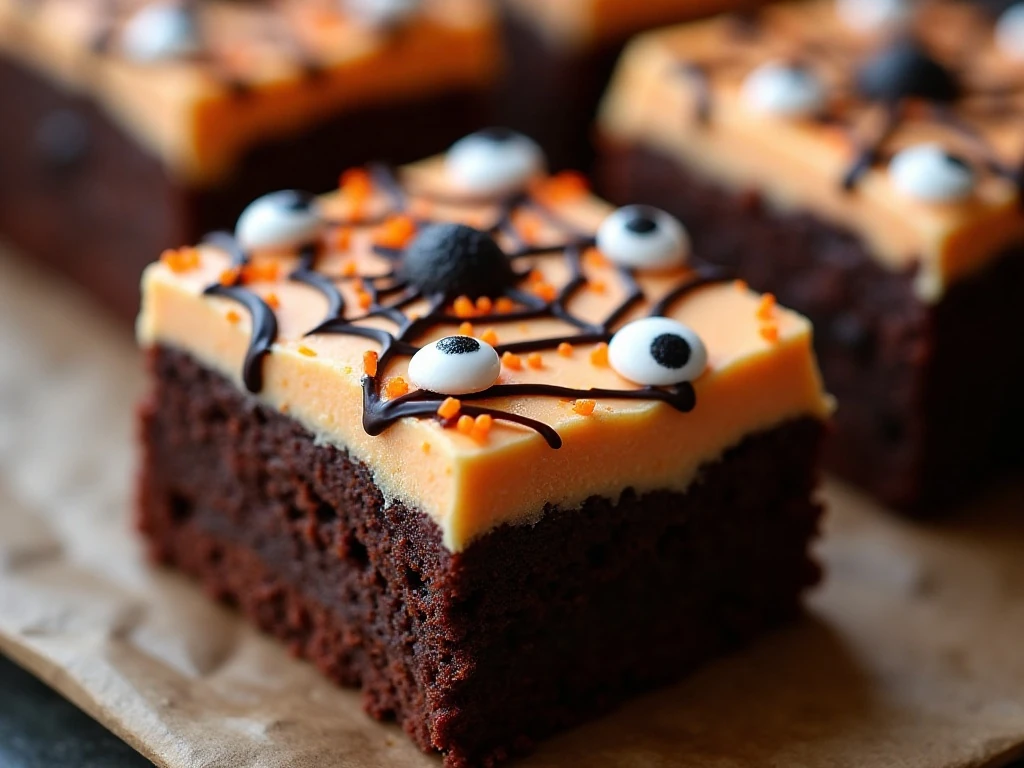 Close-up of a Halloween brownie with candy eyes, sprinkles, and spiderweb icing