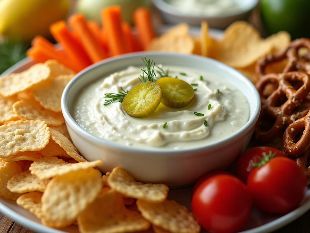 Creamy dill pickle dip served with chips, crackers, pretzels, and vegetables