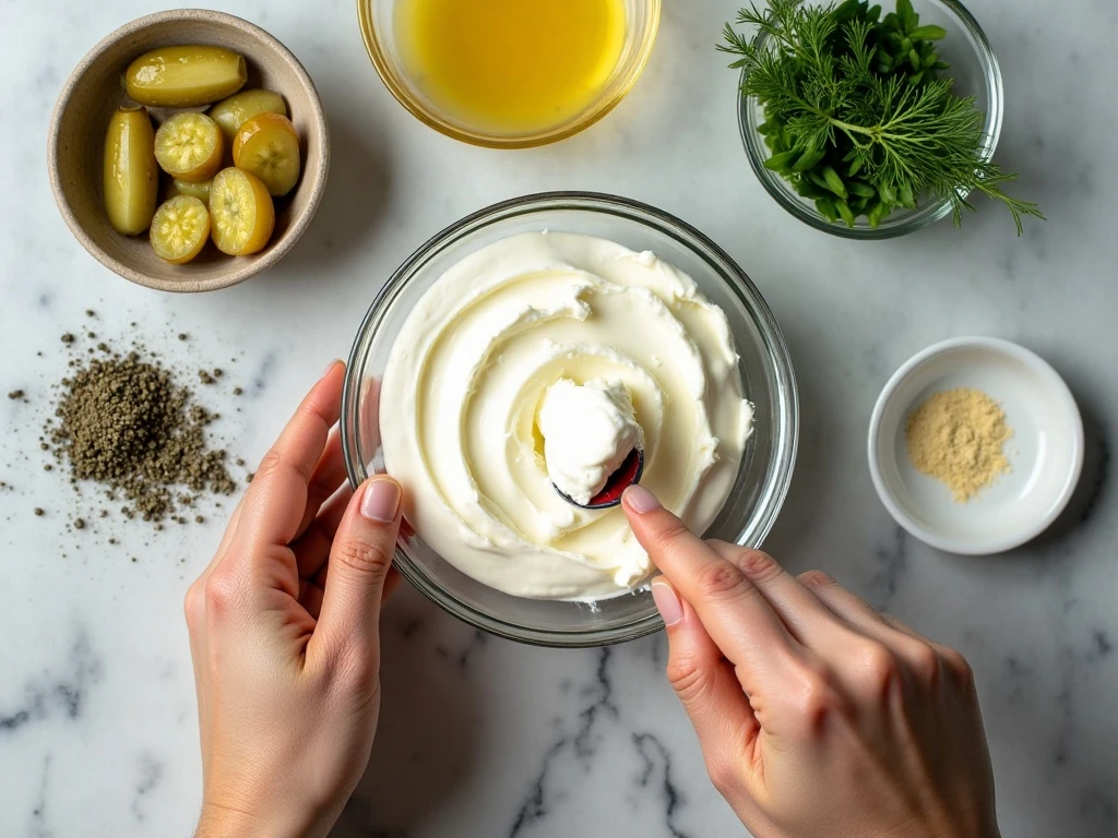 Ingredients for homemade pickle dip arranged for preparation