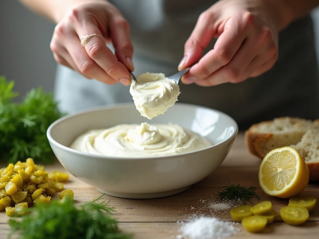 Mixing the creamy base and pickle ingredients for dill pickle dip