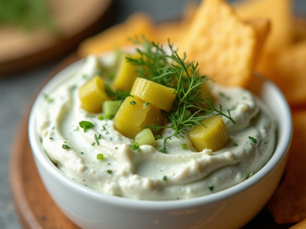 Pickle dip topped with chopped pickles, dill, green onion, and parsley