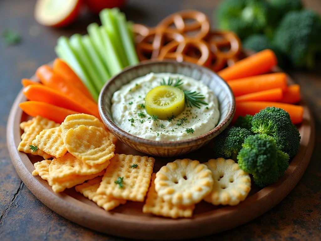 Pickle dip with chips, pretzels, crackers, and fresh vegetables
