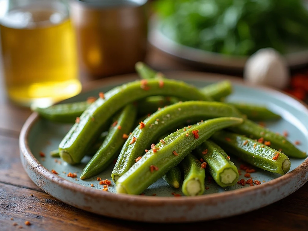 Crisp Southern pickled okra served beside a jar of refrigerator pickles