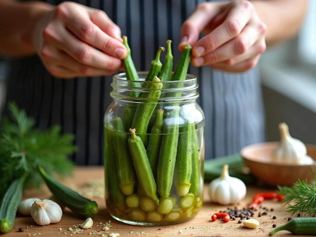 Packing fresh okra and pickling spices into a glass jar