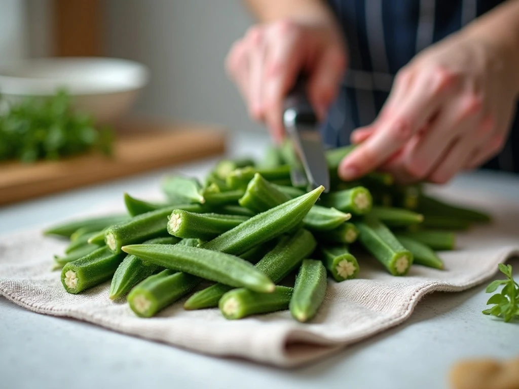 Fresh okra drying before being trimmed for pickling