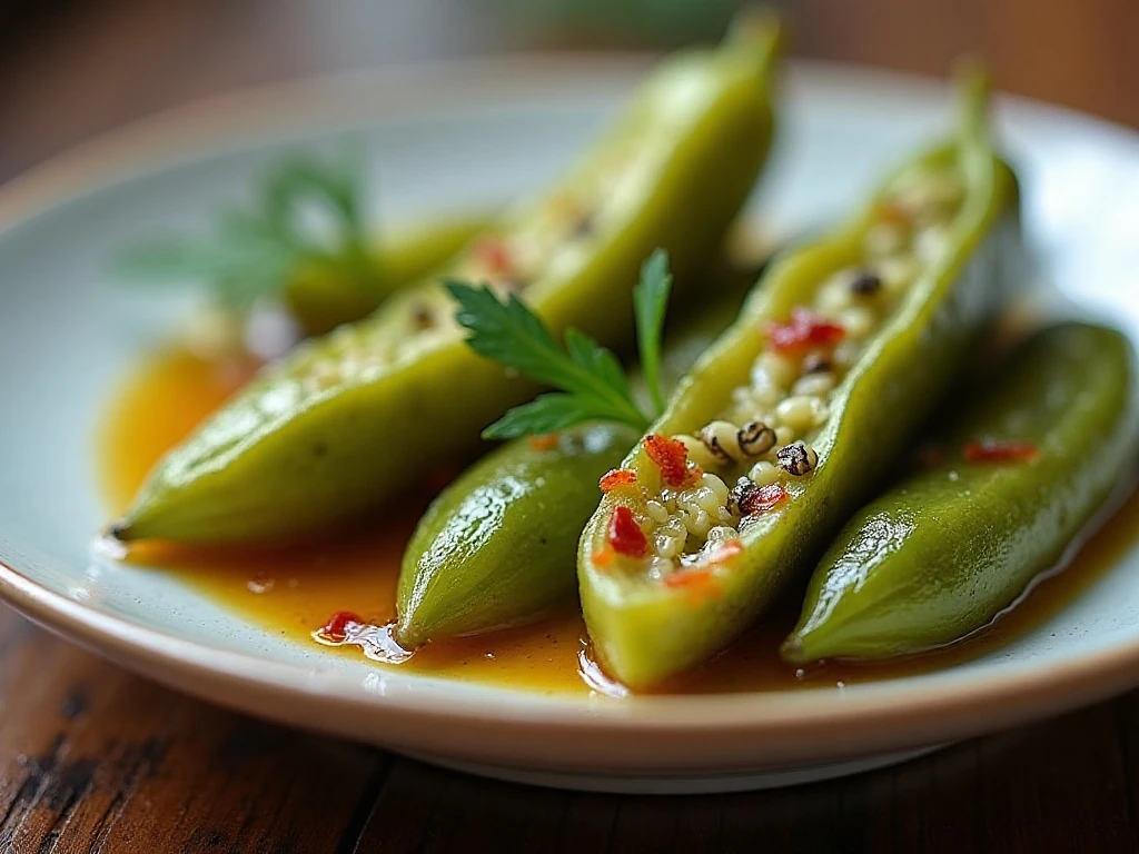 Close-up of crunchy pickled okra with dill and mustard seeds