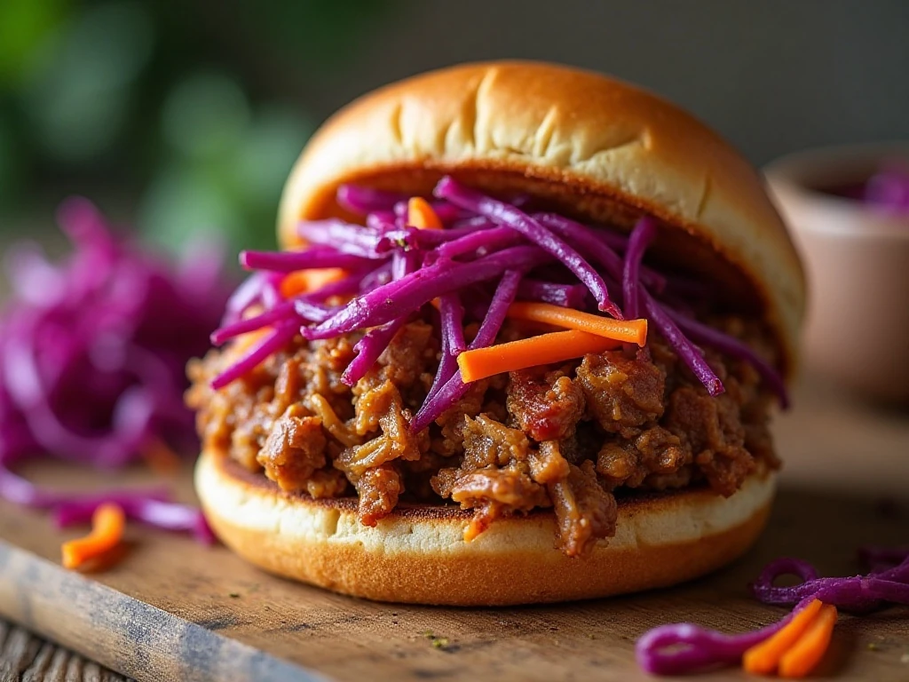 Pulled pork sandwich topped with crunchy pickled vegetable slaw