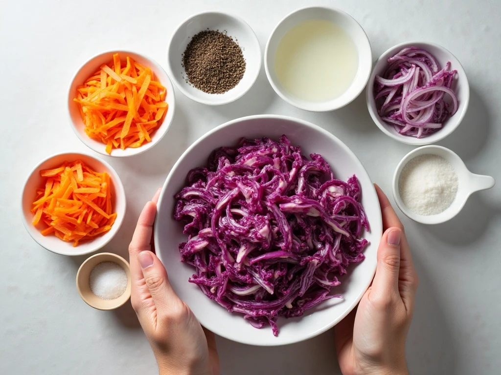 Ingredients for crunchy pickled vegetable sandwich slaw
