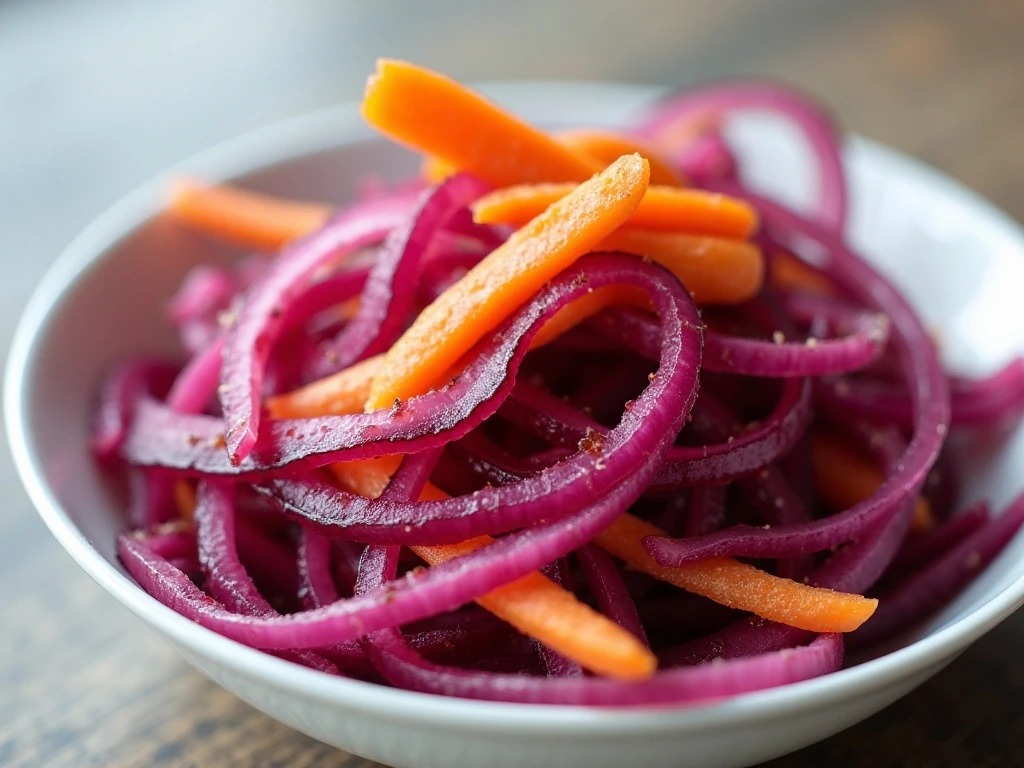 Close-up of crisp cabbage, carrot, and onion sandwich slaw