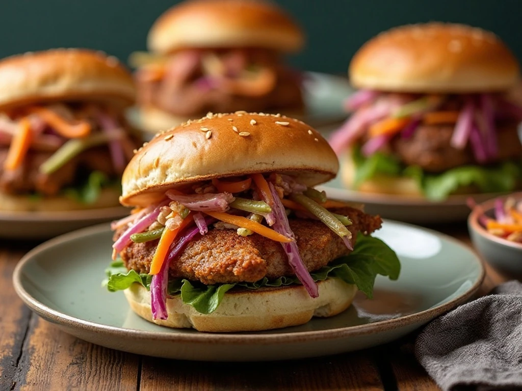 Sandwiches served with crunchy pickled vegetable slaw