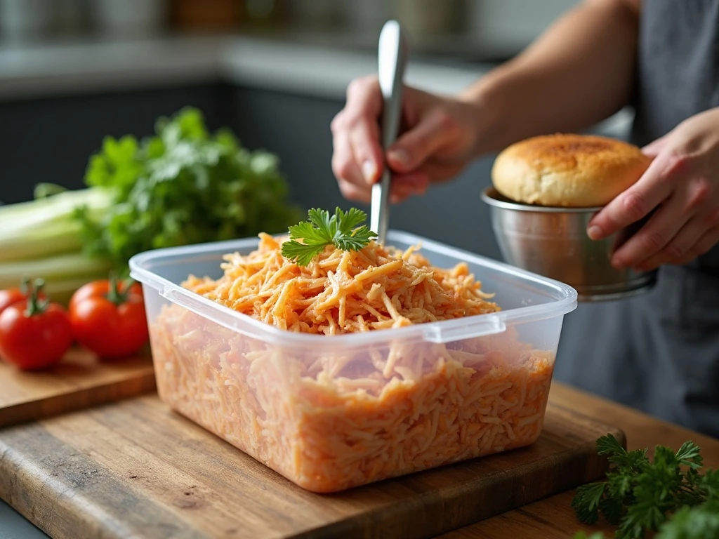 Covered container of refrigerated pickled vegetable slaw