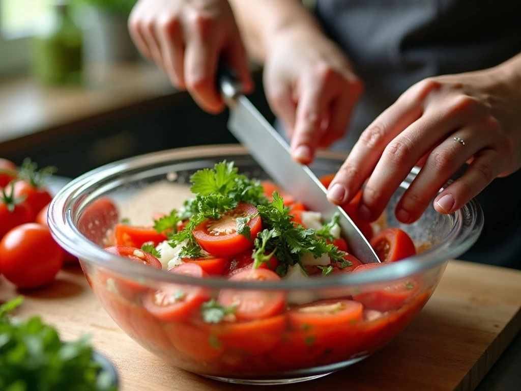 Preparing diced vegetables for homemade pico de gallo