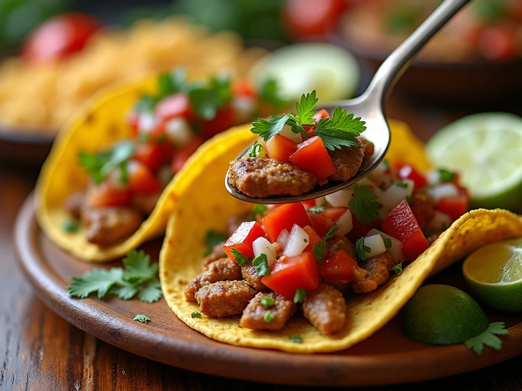 Pico de gallo served with tacos, chips, rice, and vegetables