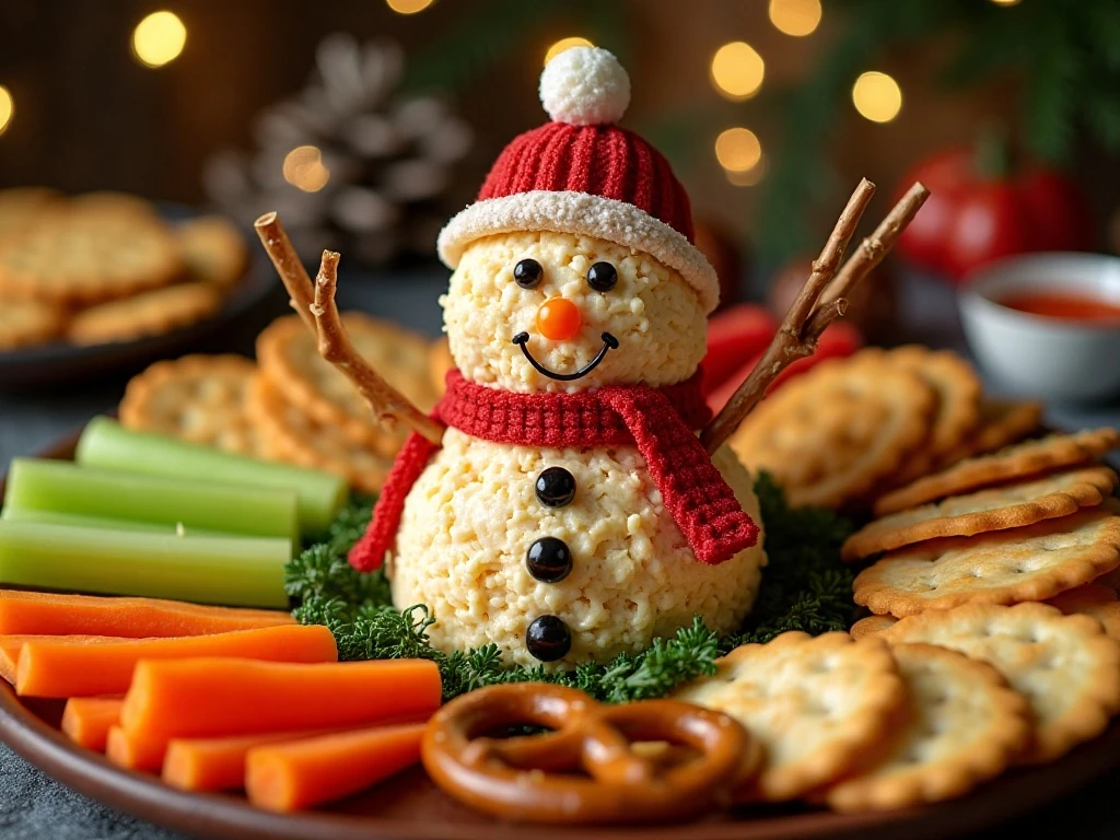 Pimento cheese ball snowman surrounded by holiday appetizer dippers