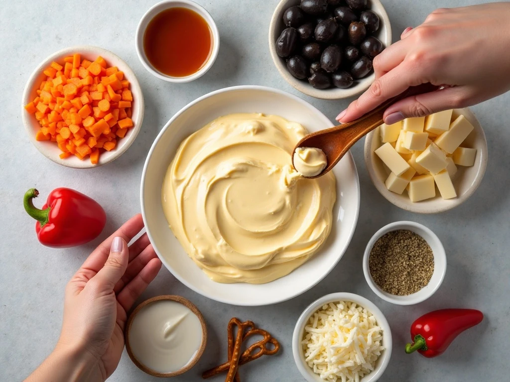 Ingredients for an easy pimento cheese ball snowman