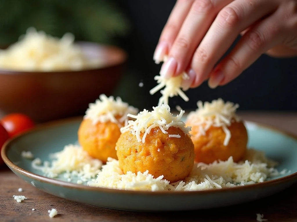 Coating chilled pimento cheese balls with shredded cheese
