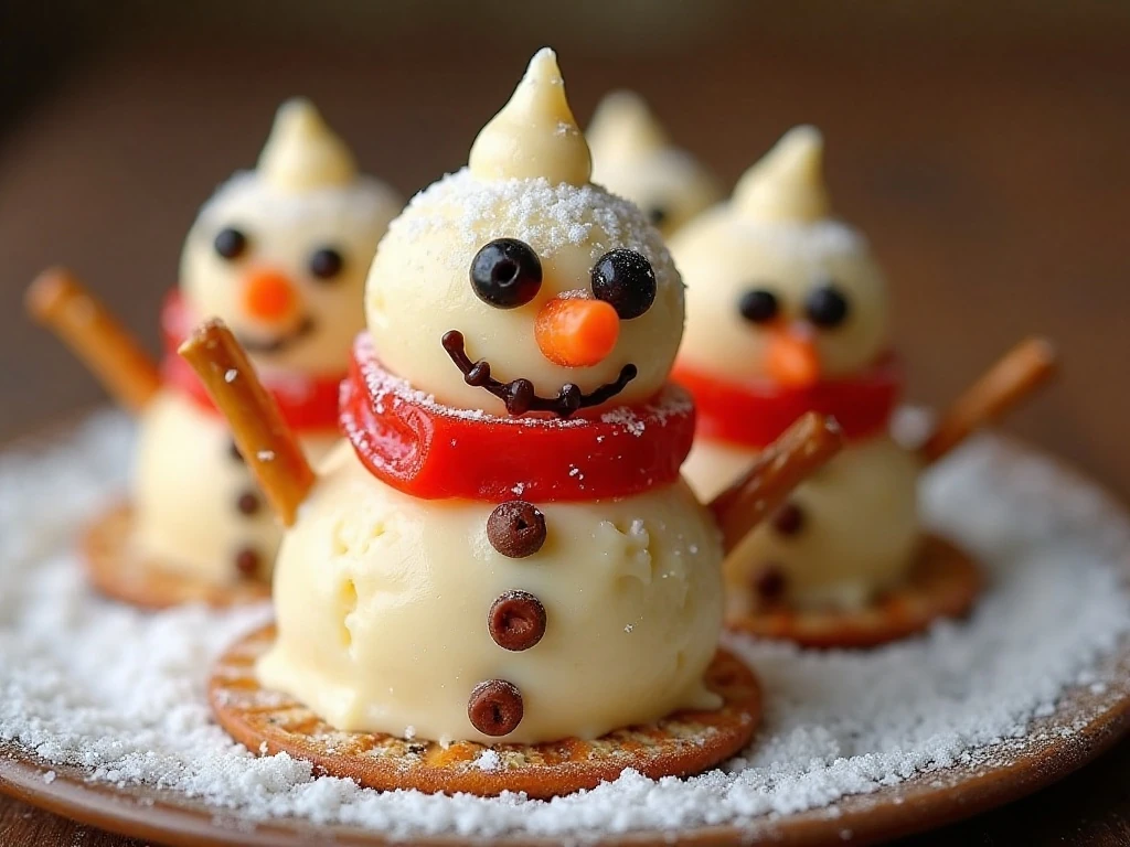 Close-up of the decorated pimento cheese snowman