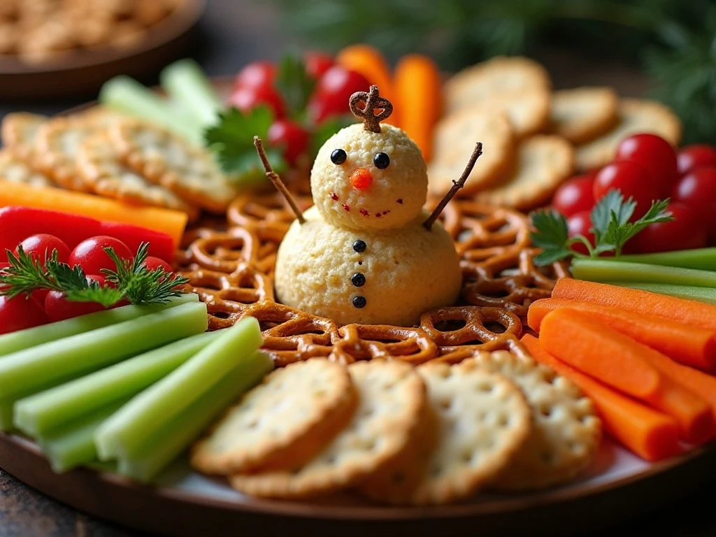 Holiday platter with pimento cheese snowman and dippers