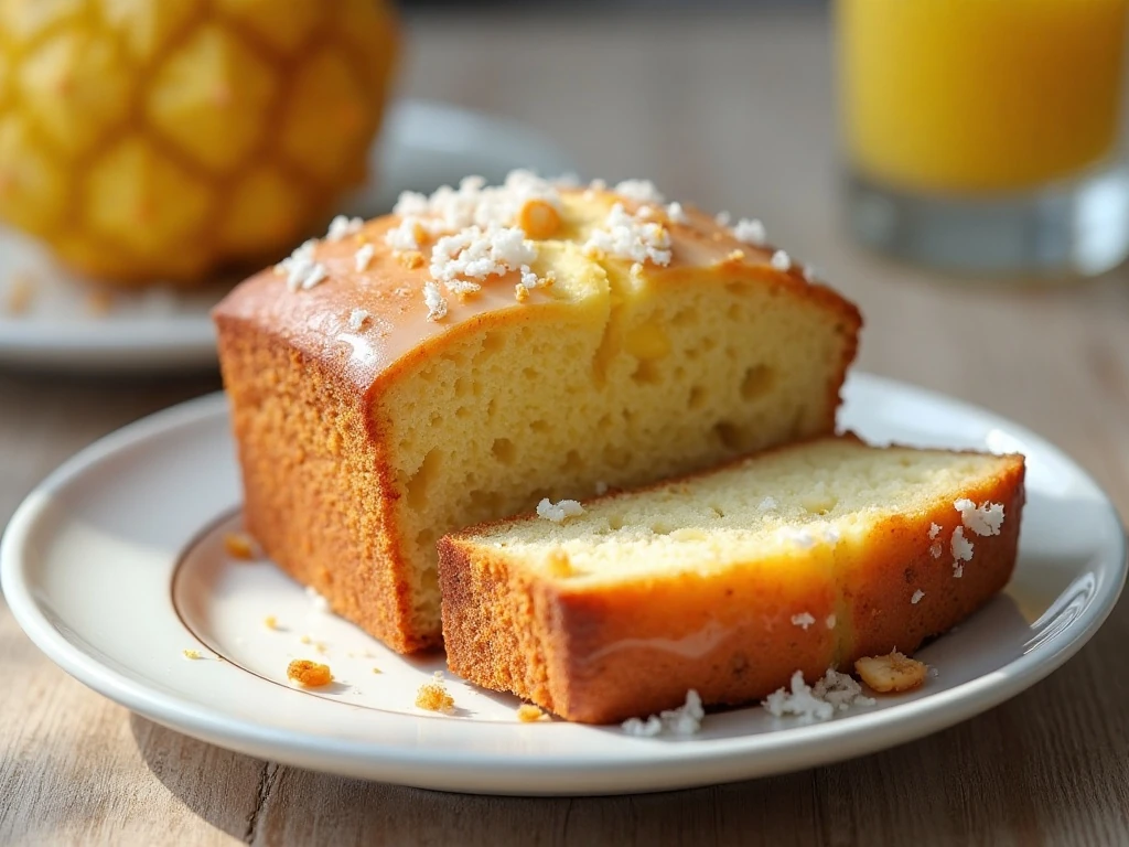 Sliced piña colada quick bread with pineapple and coconut