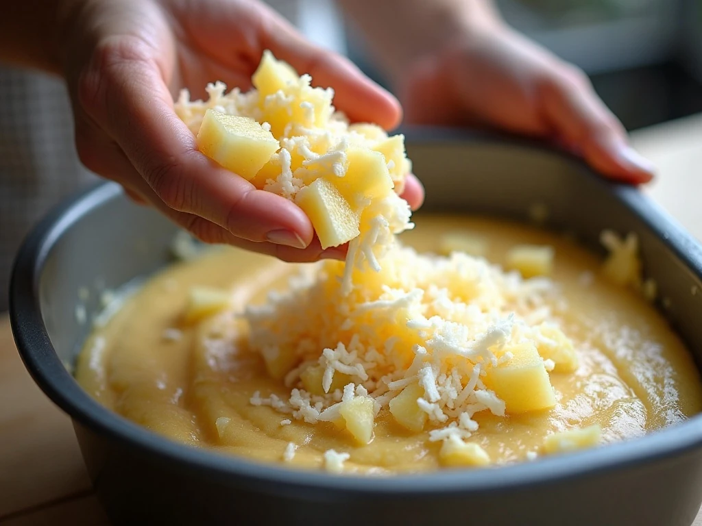 Folding pineapple and coconut into quick bread batter
