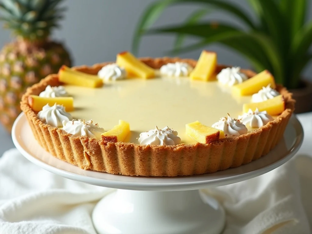 Whole pina colada refrigerator pie with creamy pineapple and coconut filling