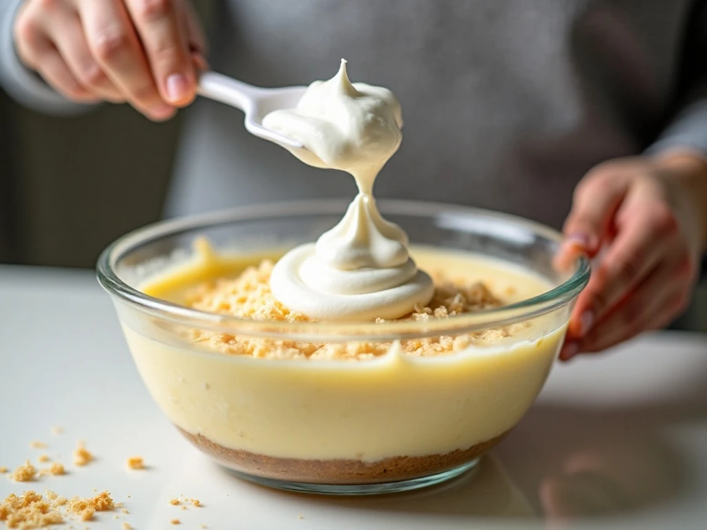 Folding whipped topping into the tropical pie filling