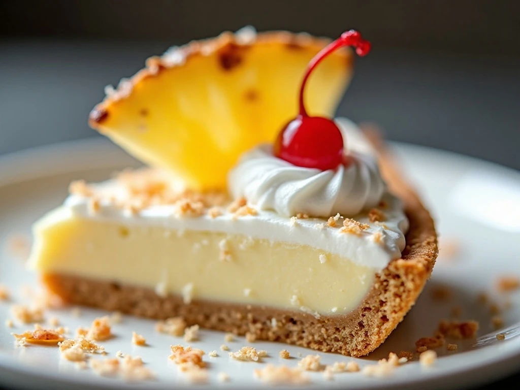 Pina colada pie slice decorated with coconut, pineapple, and cherry