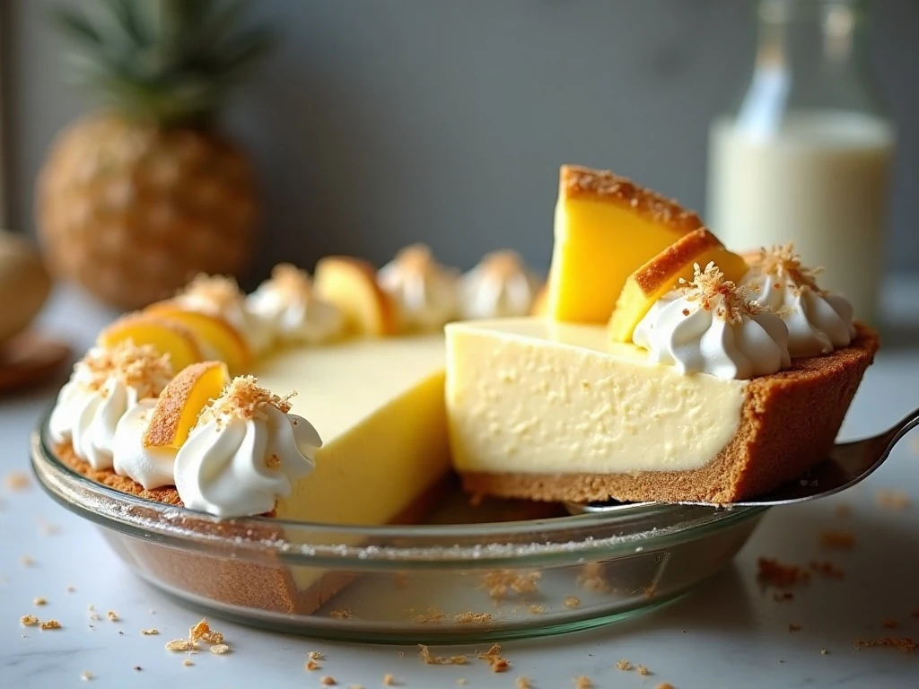 Chilled pina colada refrigerator pie ready to serve