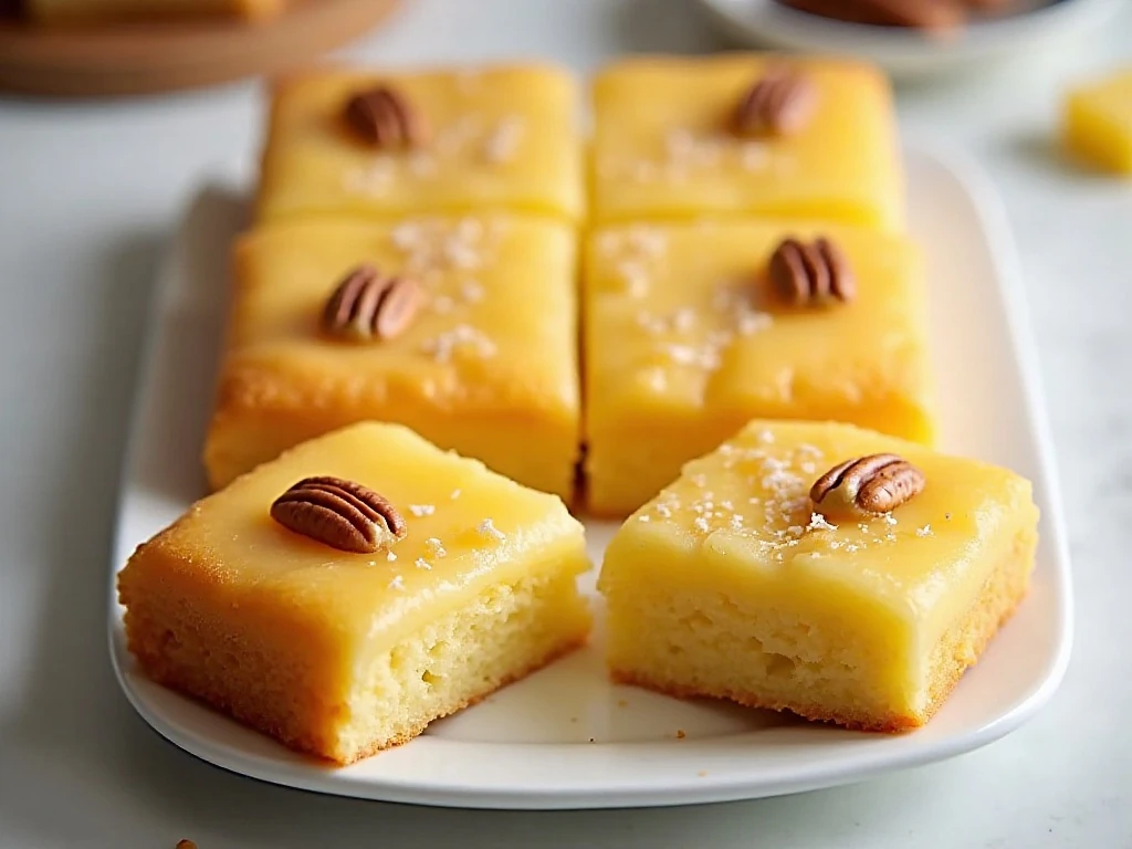 Moist pineapple cake squares topped with a buttery glaze
