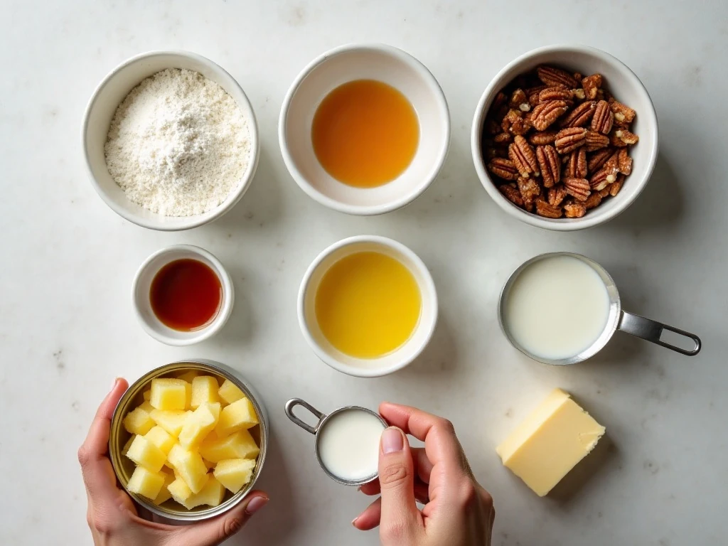 Ingredients for easy moist pineapple cake and warm glaze