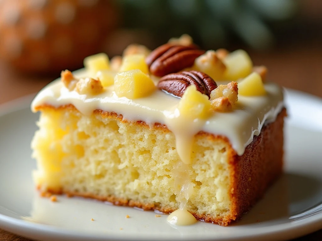 Close-up of the moist crumb and pineapple pieces in the cake