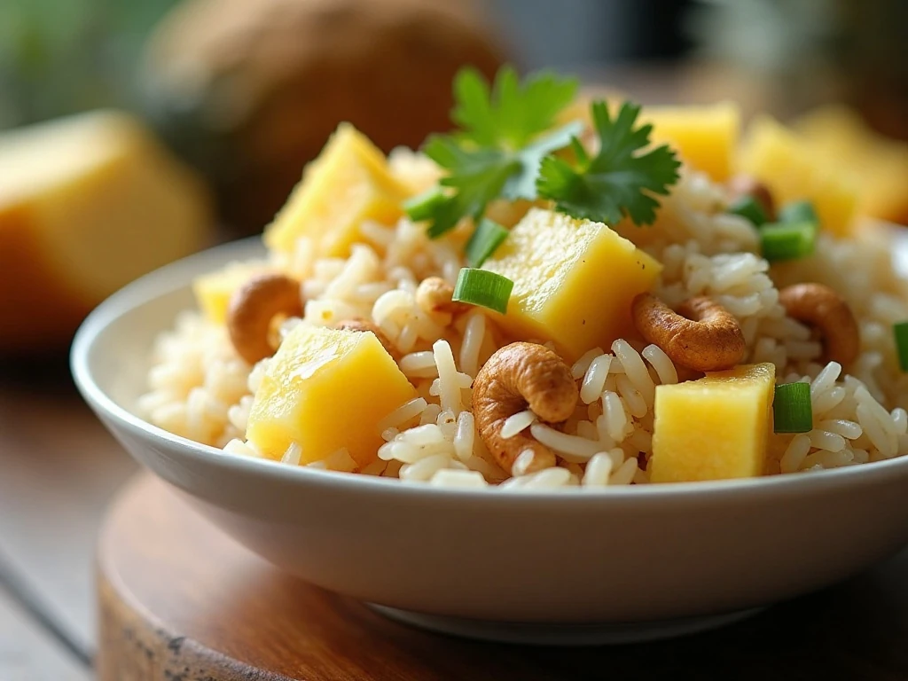 Pineapple coconut cashew rice served as a colorful tropical side dish