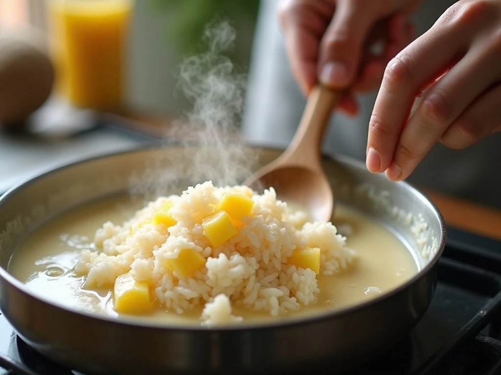 Rice simmering in coconut milk and pineapple juice