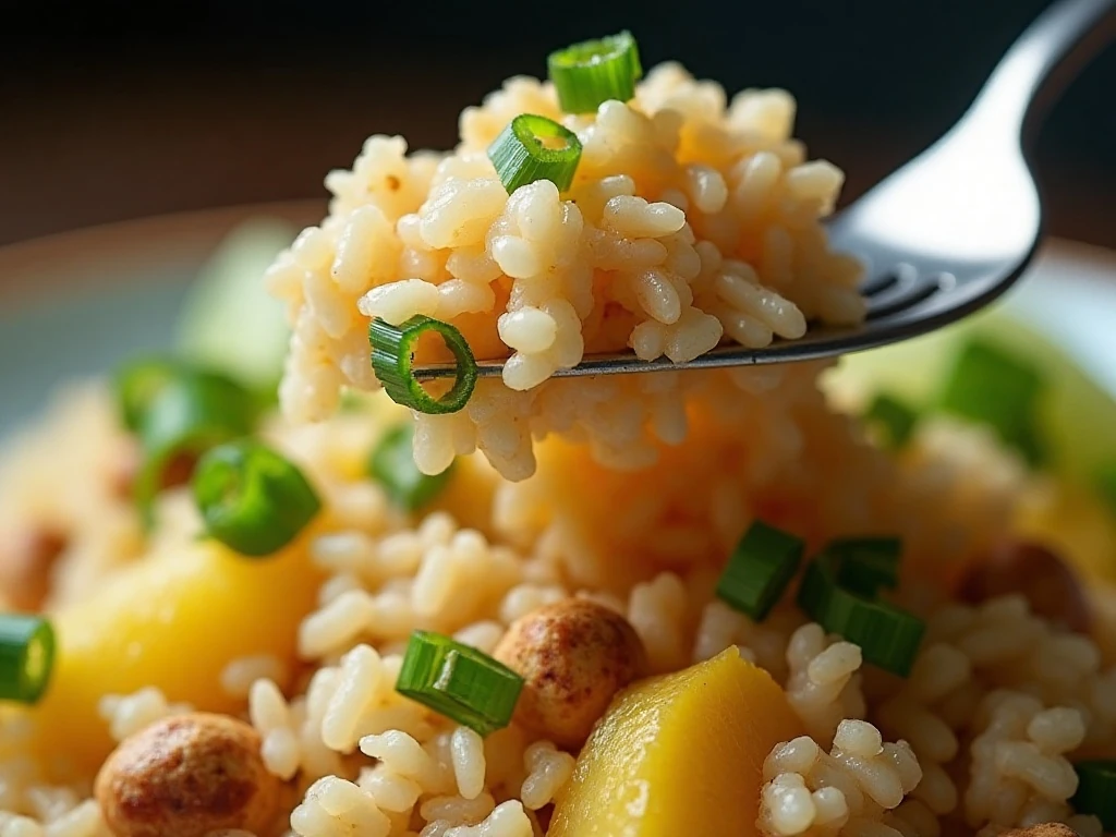 Close-up of fluffy tropical rice with cashews and fresh herbs
