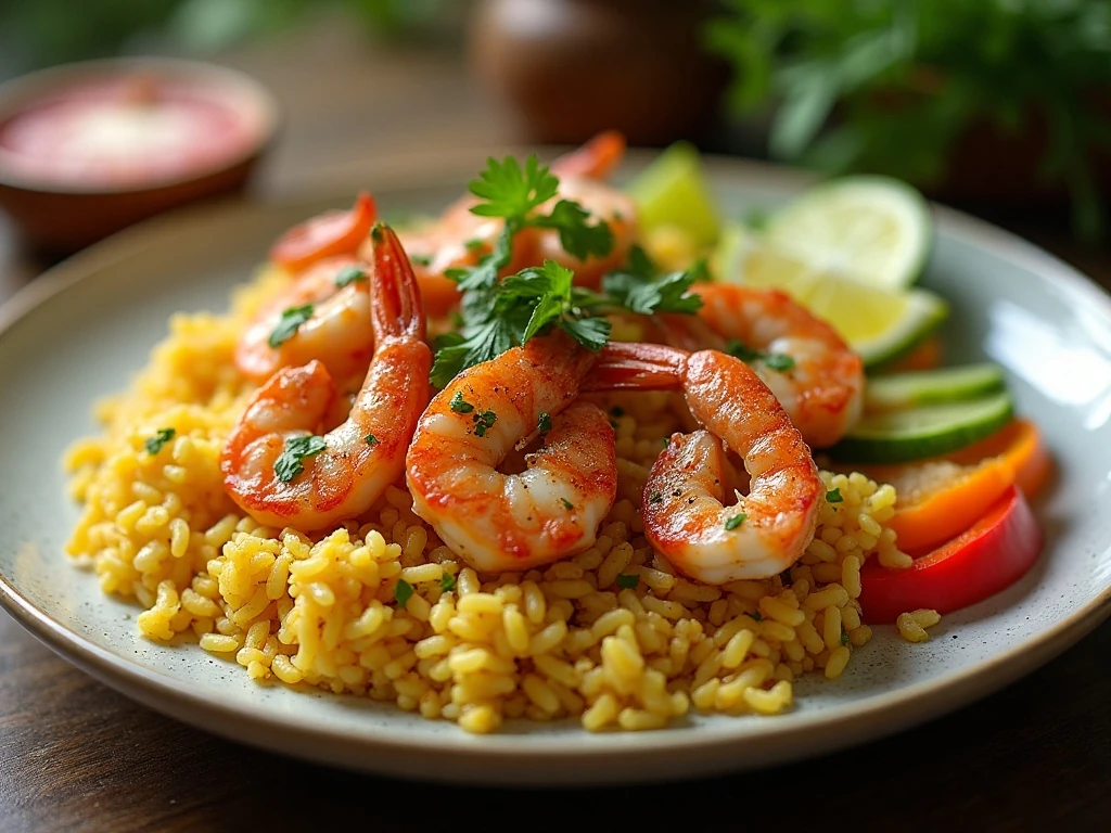 Pineapple coconut cashew rice served with grilled shrimp and vegetables