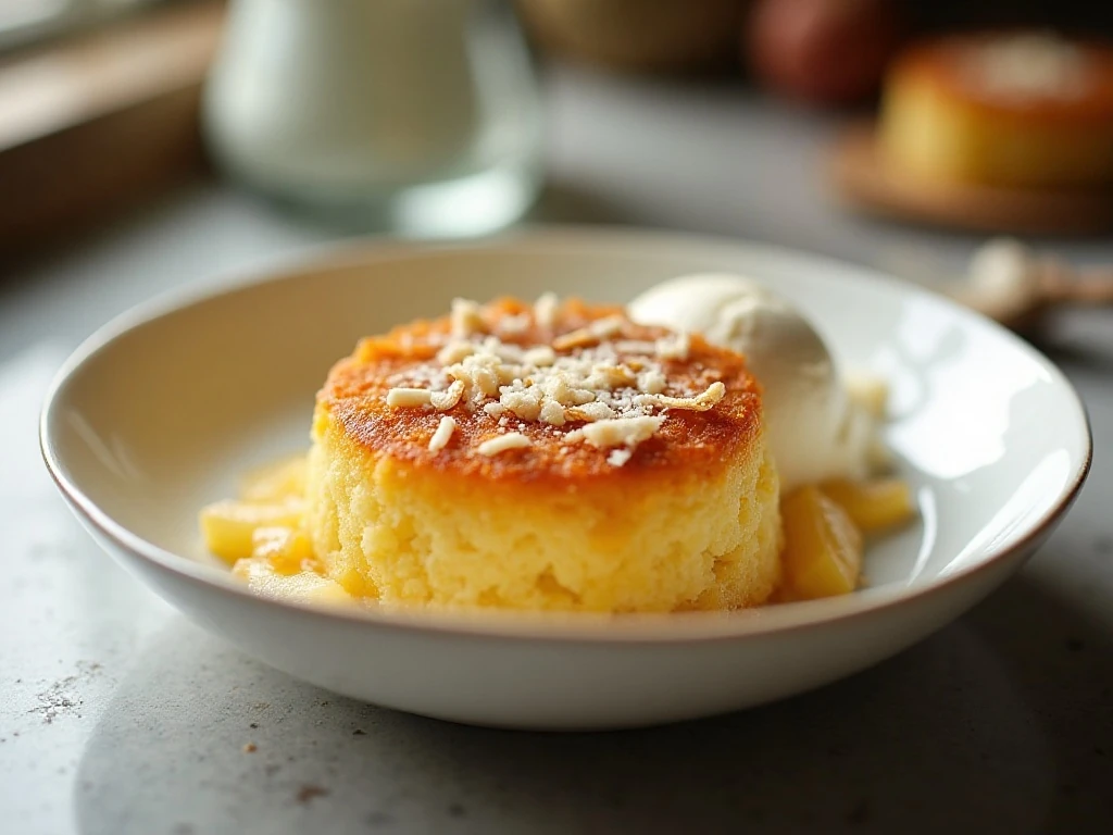 Warm pineapple coconut dessert served with vanilla ice cream