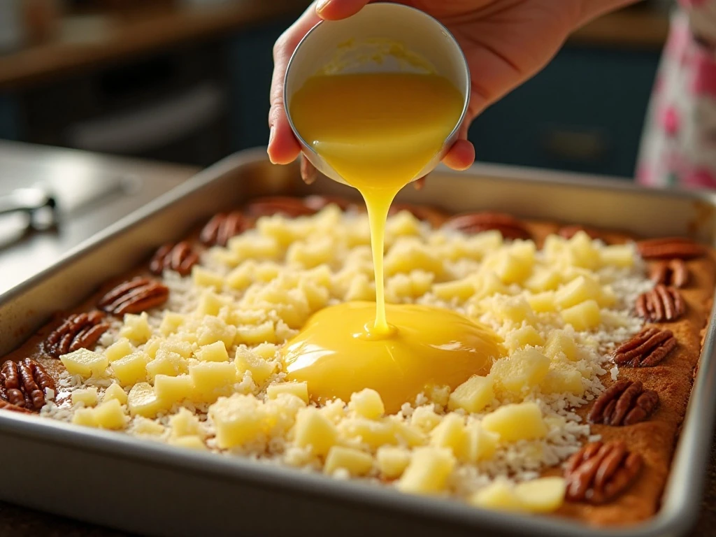 Drizzling melted butter over pineapple coconut dump cake layers