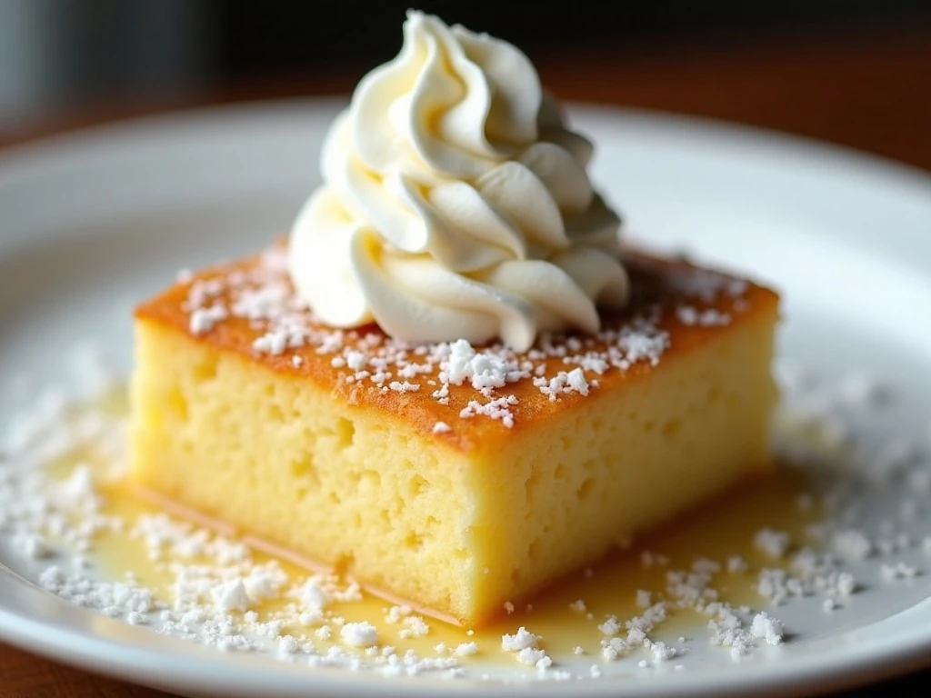 Pineapple coconut cake with ice cream and whipped cream