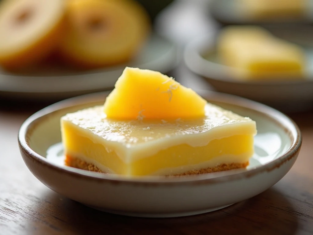 Stored and reheated pineapple coconut dessert portion