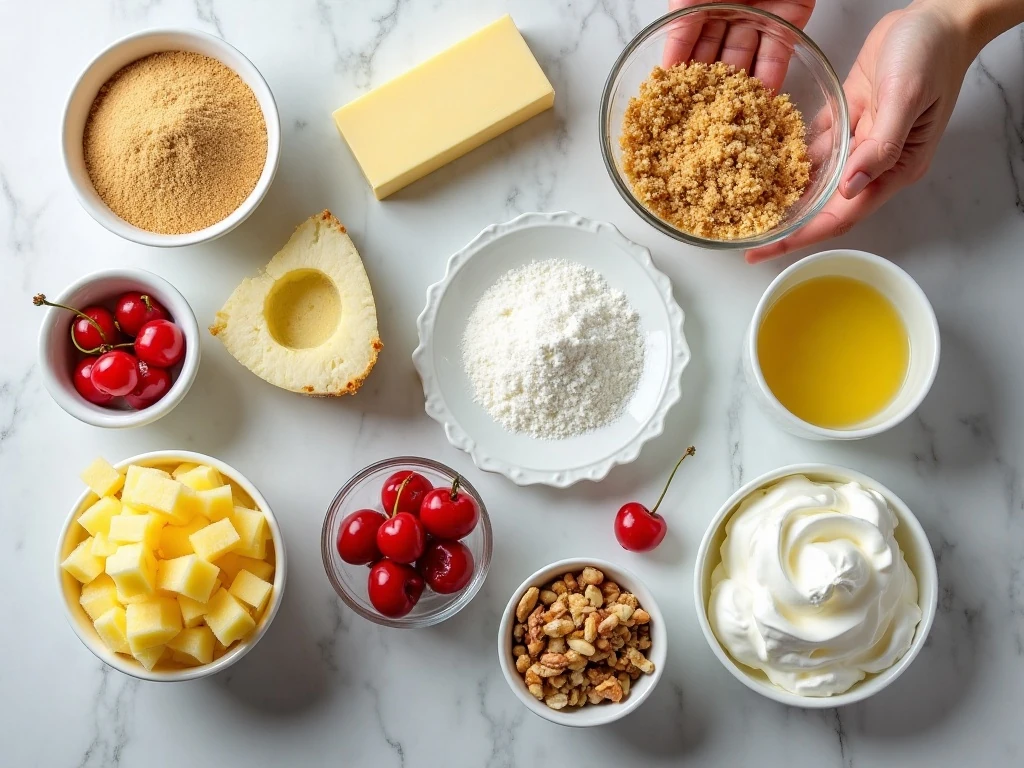 Ingredients for Pineapple Delight including graham crackers, cream cheese, crushed pineapple, whipped topping, and cherries