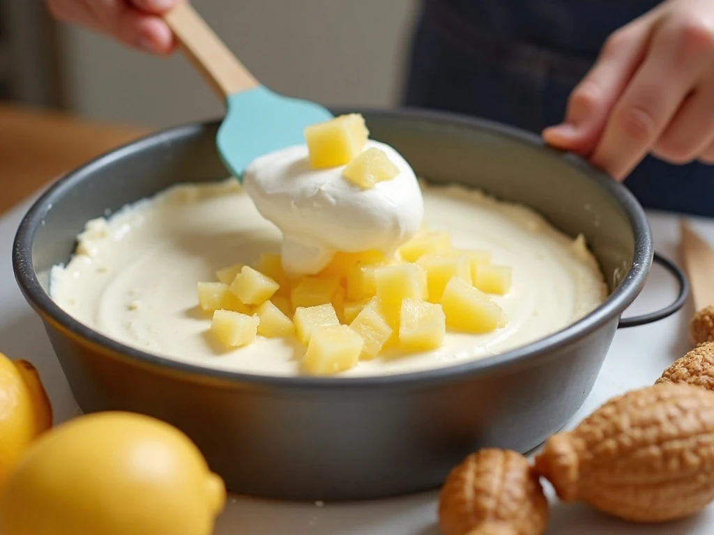 Folding pineapple and whipped topping into the cream cheese filling for Pineapple Delight