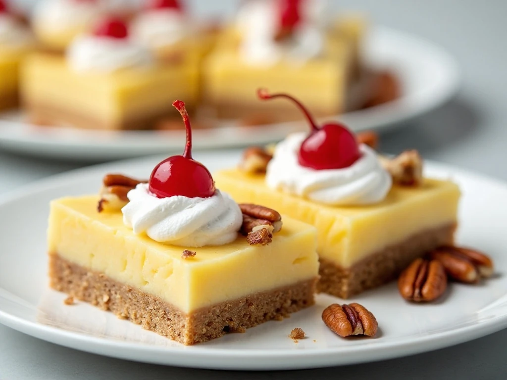 Chilled Pineapple Delight squares ready to serve with creamy layers and a graham-cracker crust