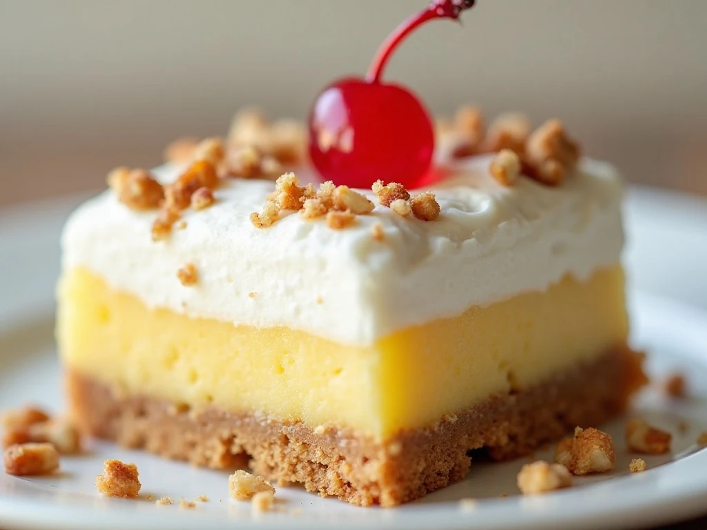 Close-up of Pineapple Delight topped with chopped pecans and a maraschino cherry