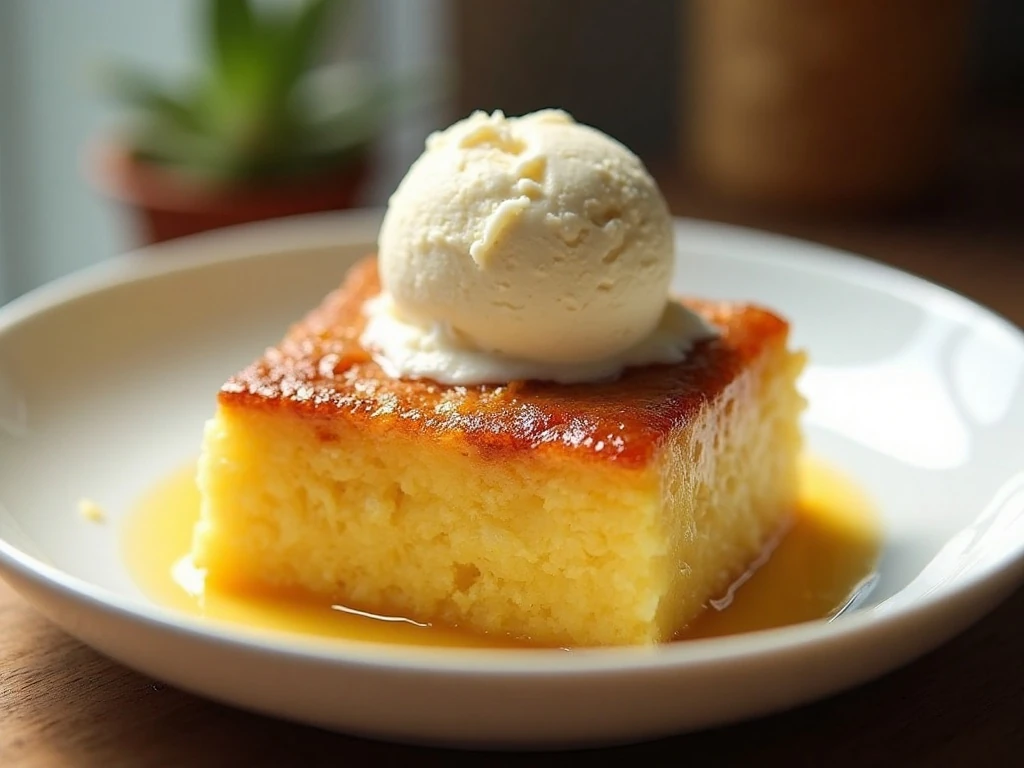 Warm 3-ingredient pineapple dump cake served with vanilla ice cream